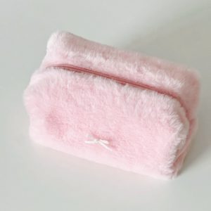 Fluffy bow makeup bag - Soft pink