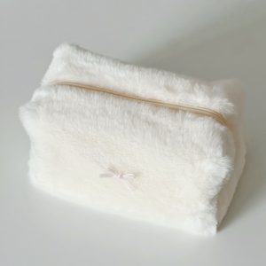 Fluffy bow makeup bag - White